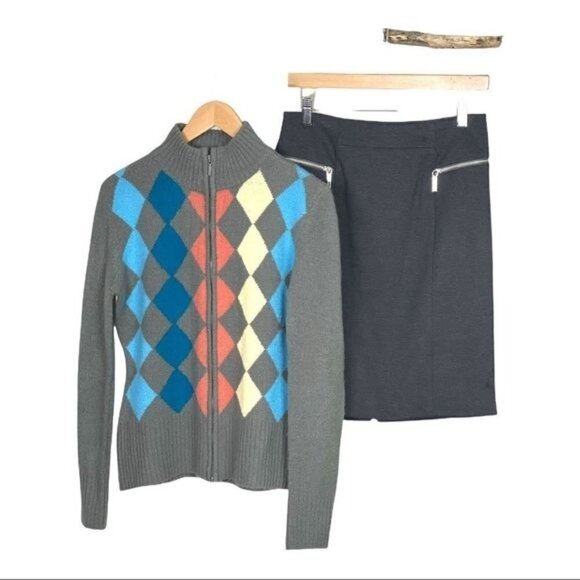 Gray Long Sleeve Full Zip Mohair Blend Argyle Pattern Cardigan - Picture 3 of 11